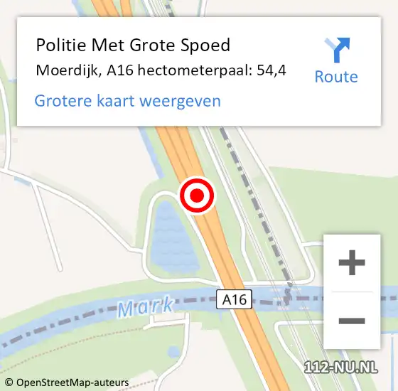 Locatie op kaart van de 112 melding: Politie Met Grote Spoed Naar Moerdijk, A16 hectometerpaal: 54,4 op 22 juli 2022 16:15