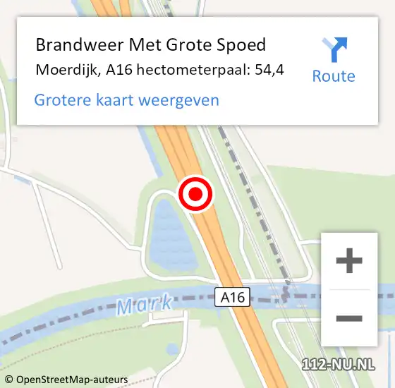 Locatie op kaart van de 112 melding: Brandweer Met Grote Spoed Naar Moerdijk, A16 hectometerpaal: 54,4 op 22 juli 2022 16:17