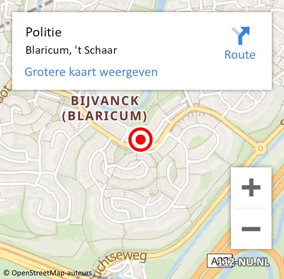 Locatie op kaart van de 112 melding: Politie Blaricum, 't Schaar op 22 juli 2022 19:02