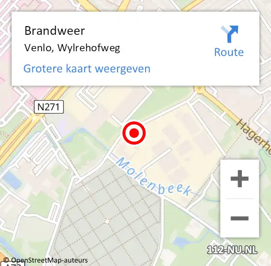 Locatie op kaart van de 112 melding: Brandweer Venlo, Wylrehofweg op 22 juli 2022 19:35