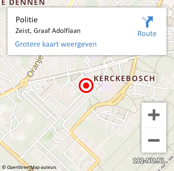 Locatie op kaart van de 112 melding: Politie Zeist, Graaf Adolflaan op 22 juli 2022 20:46