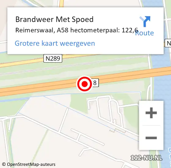 Locatie op kaart van de 112 melding: Brandweer Met Spoed Naar Reimerswaal, A58 hectometerpaal: 122,6 op 22 juli 2022 21:27