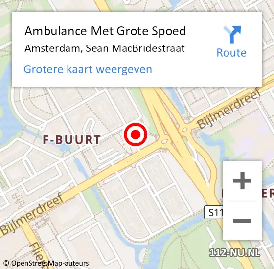 Locatie op kaart van de 112 melding: Ambulance Met Grote Spoed Naar Amsterdam-Zuidoost, Sean MacBridestraat op 23 juli 2022 08:22