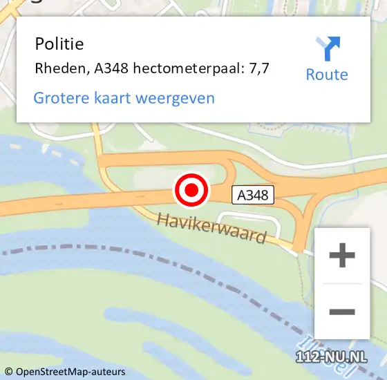 Locatie op kaart van de 112 melding: Politie Rheden, A348 hectometerpaal: 7,7 op 23 juli 2022 10:10