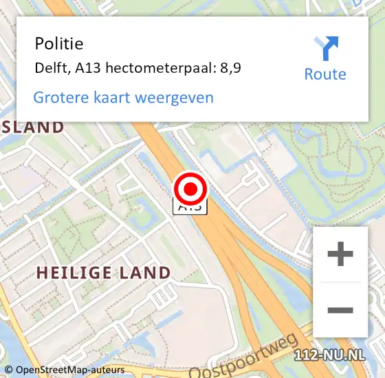 Locatie op kaart van de 112 melding: Politie Delft, A13 hectometerpaal: 8,9 op 23 juli 2022 10:43