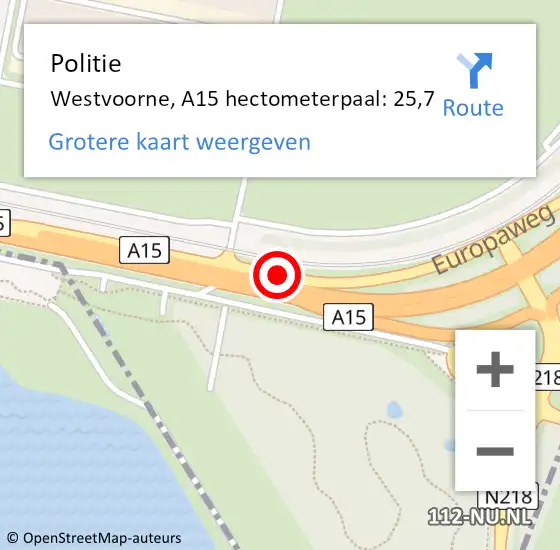 Locatie op kaart van de 112 melding: Politie Westvoorne, A15 hectometerpaal: 25,7 op 23 juli 2022 13:47