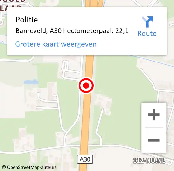 Locatie op kaart van de 112 melding: Politie Barneveld, A30 hectometerpaal: 22,1 op 23 juli 2022 14:11