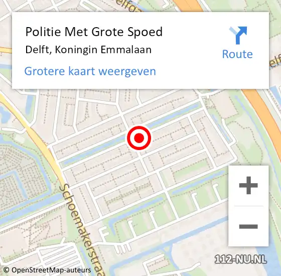 Locatie op kaart van de 112 melding: Politie Met Grote Spoed Naar Delft, Koningin Emmalaan op 23 juli 2022 15:21