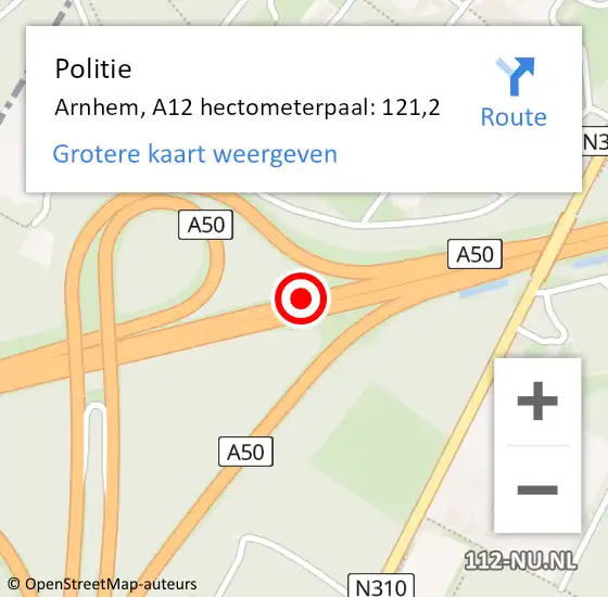 Locatie op kaart van de 112 melding: Politie Arnhem, A12 hectometerpaal: 121,2 op 23 juli 2022 15:28
