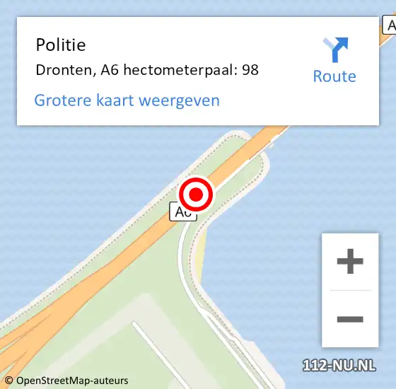 Locatie op kaart van de 112 melding: Politie Dronten, A6 hectometerpaal: 98 op 23 juli 2022 15:41