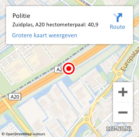 Locatie op kaart van de 112 melding: Politie Zuidplas, A20 hectometerpaal: 40,9 op 23 juli 2022 15:57