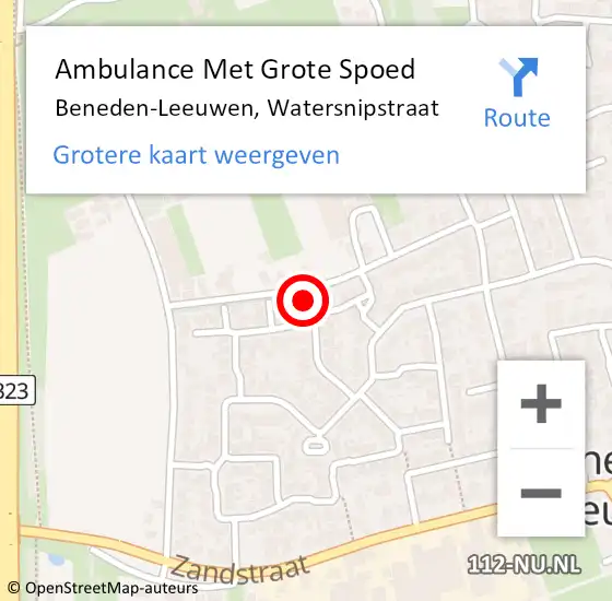 Locatie op kaart van de 112 melding: Ambulance Met Grote Spoed Naar Beneden-Leeuwen, Watersnipstraat op 23 juli 2022 20:53