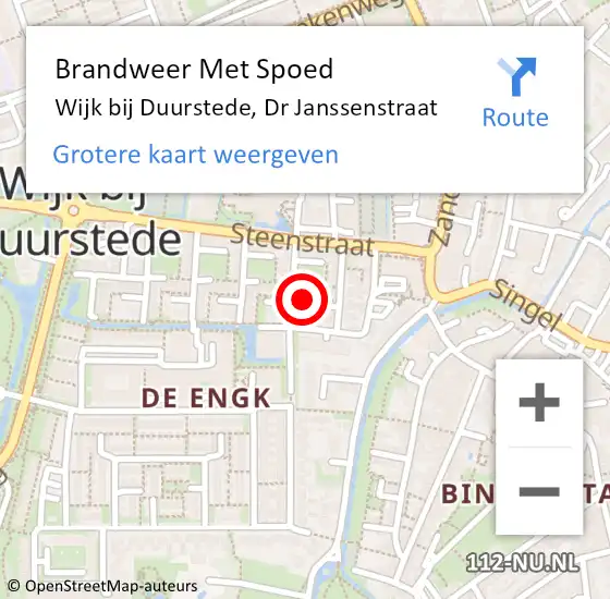 Locatie op kaart van de 112 melding: Brandweer Met Spoed Naar Wijk bij Duurstede, Dr Janssenstraat op 23 juli 2022 22:35