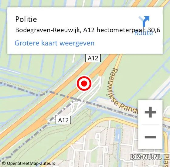 Locatie op kaart van de 112 melding: Politie Bodegraven-Reeuwijk, A12 hectometerpaal: 30,6 op 23 juli 2022 23:12