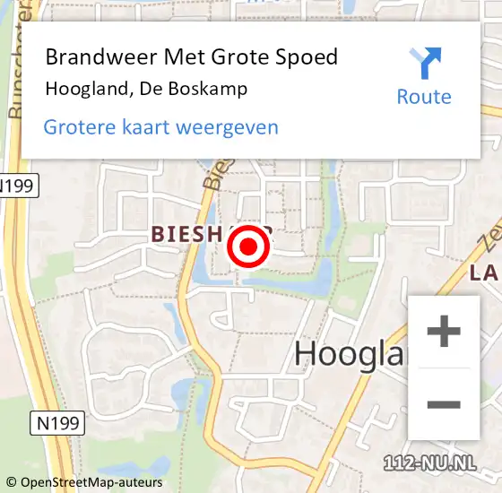 Locatie op kaart van de 112 melding: Brandweer Met Grote Spoed Naar Hoogland, De Boskamp op 23 juli 2022 23:25