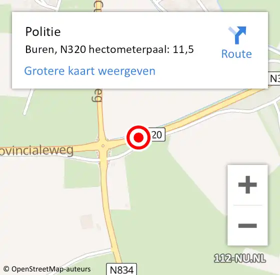 Locatie op kaart van de 112 melding: Politie Buren, N320 hectometerpaal: 11,5 op 23 juli 2022 23:58