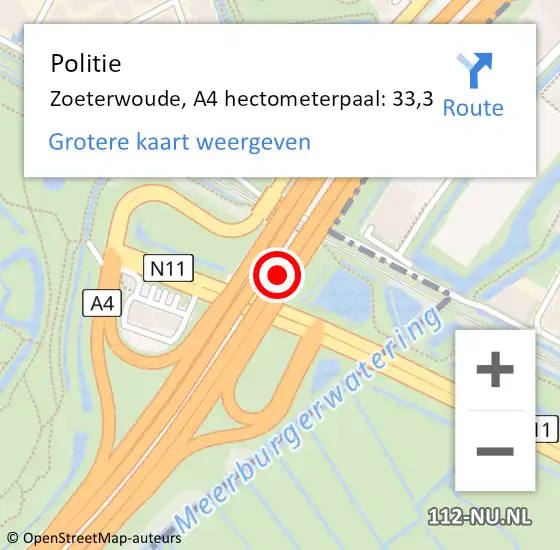 Locatie op kaart van de 112 melding: Politie Zoeterwoude, A4 hectometerpaal: 33,3 op 24 juli 2022 00:44