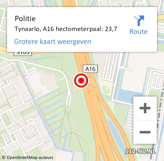 Locatie op kaart van de 112 melding: Politie Tynaarlo, A16 hectometerpaal: 23,7 op 24 juli 2022 04:57