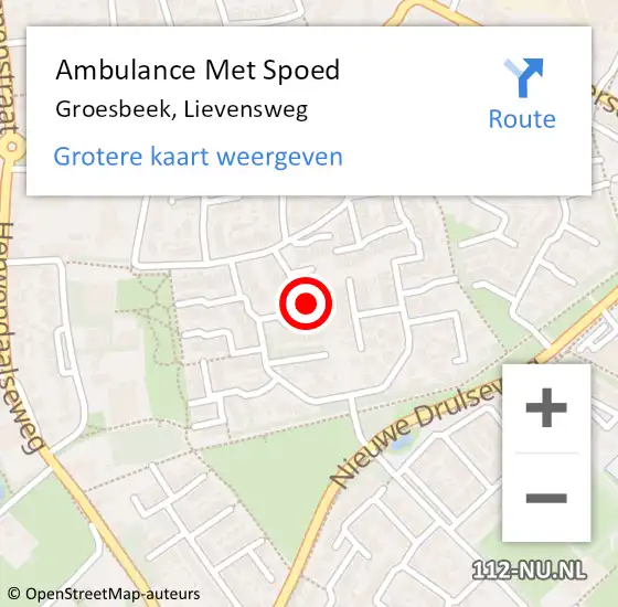 Locatie op kaart van de 112 melding: Ambulance Met Spoed Naar Groesbeek, Lievensweg op 24 juli 2022 06:28