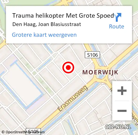 Locatie op kaart van de 112 melding: Trauma helikopter Met Grote Spoed Naar Den Haag, Joan Blasiusstraat op 24 juli 2022 10:17