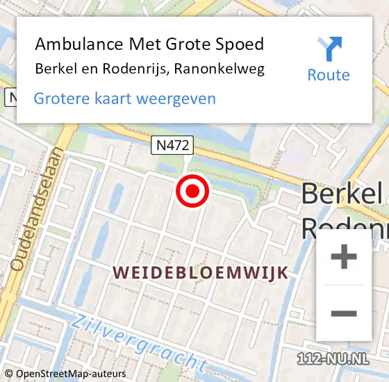 Locatie op kaart van de 112 melding: Ambulance Met Grote Spoed Naar Berkel en Rodenrijs, Ranonkelweg op 24 juli 2022 10:53