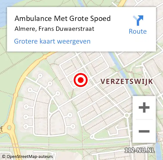 Locatie op kaart van de 112 melding: Ambulance Met Grote Spoed Naar Almere, Frans Duwaerstraat op 24 juli 2022 11:25