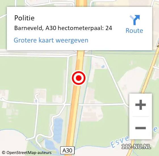 Locatie op kaart van de 112 melding: Politie Barneveld, A30 hectometerpaal: 24 op 24 juli 2022 14:17
