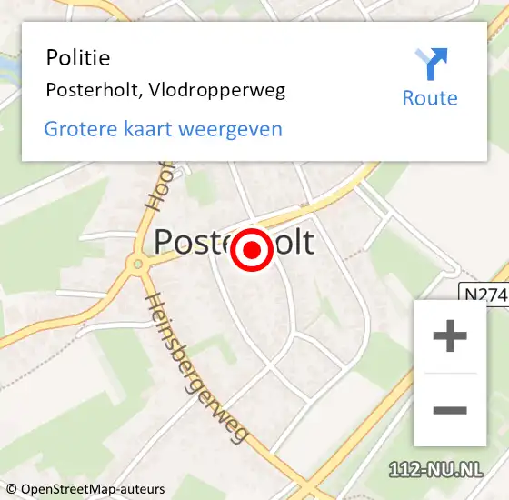 Locatie op kaart van de 112 melding: Politie Posterholt, Vlodropperweg op 24 juli 2022 15:29