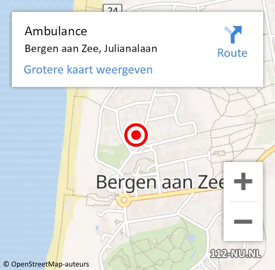Locatie op kaart van de 112 melding: Ambulance Bergen aan Zee, Julianalaan op 24 juli 2022 15:37