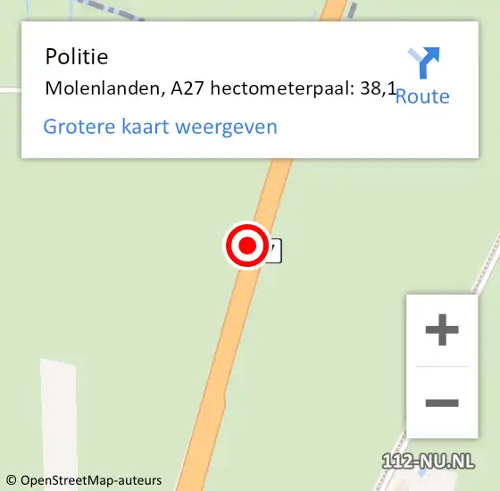 Locatie op kaart van de 112 melding: Politie Molenlanden, A27 hectometerpaal: 38,1 op 24 juli 2022 17:31