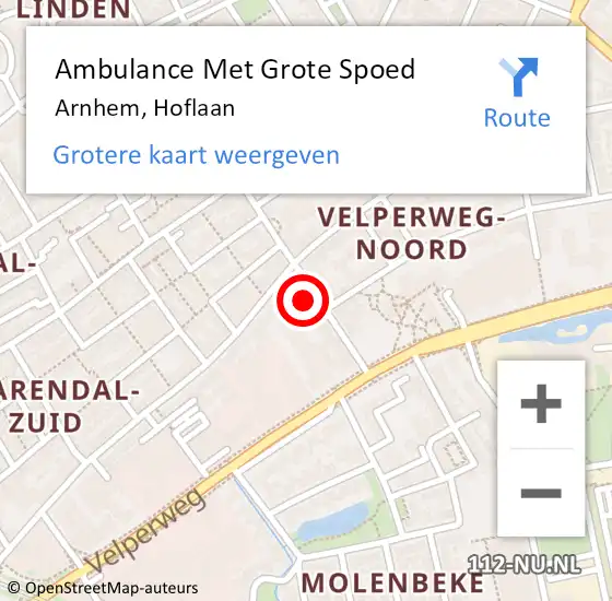 Locatie op kaart van de 112 melding: Ambulance Met Grote Spoed Naar Arnhem, Hoflaan op 24 juli 2022 18:02