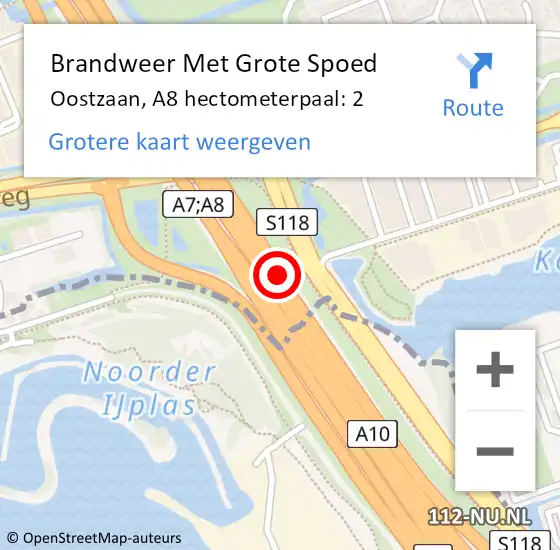 Locatie op kaart van de 112 melding: Brandweer Met Grote Spoed Naar Oostzaan, A8 hectometerpaal: 2 op 24 juli 2022 18:30