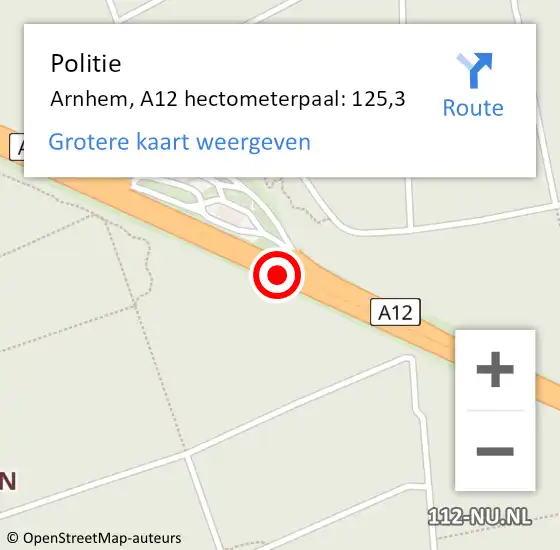 Locatie op kaart van de 112 melding: Politie Arnhem, A12 hectometerpaal: 125,3 op 25 juli 2022 07:00