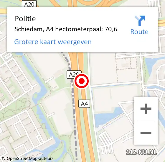 Locatie op kaart van de 112 melding: Politie Schiedam, A4 hectometerpaal: 70,6 op 25 juli 2022 07:46