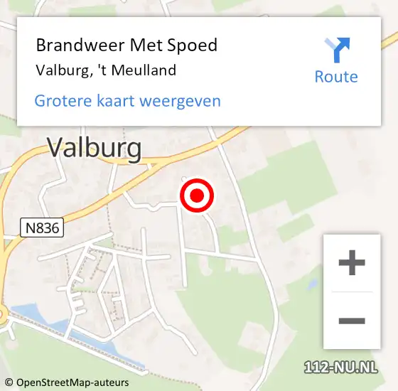 Locatie op kaart van de 112 melding: Brandweer Met Spoed Naar Valburg, 't Meulland op 25 juli 2022 09:04