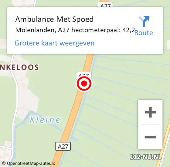 Locatie op kaart van de 112 melding: Ambulance Met Spoed Naar Molenlanden, A27 hectometerpaal: 42,2 op 25 juli 2022 11:41