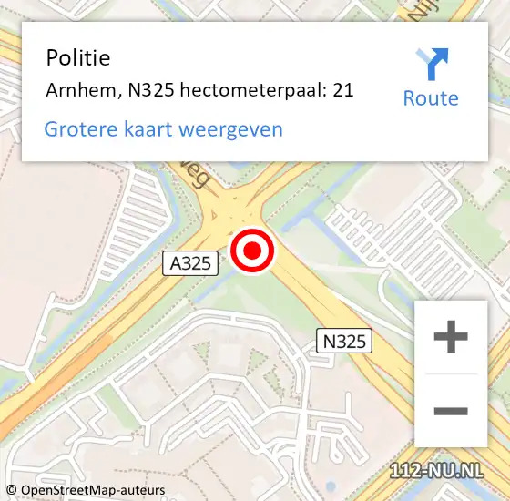 Locatie op kaart van de 112 melding: Politie Arnhem, N325 hectometerpaal: 21 op 25 juli 2022 14:04