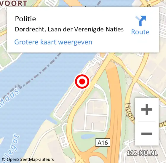 Locatie op kaart van de 112 melding: Politie Dordrecht, Laan der Verenigde Naties op 25 juli 2022 14:56