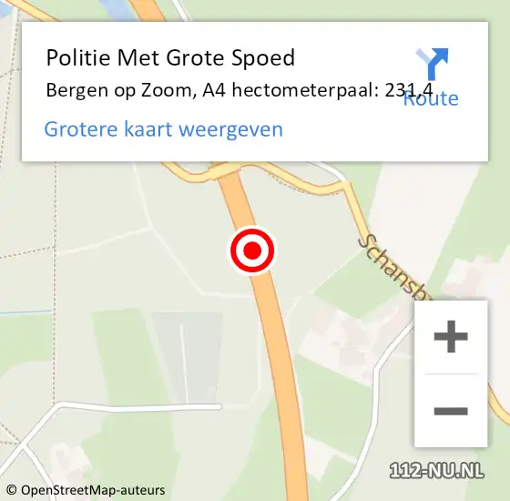 Locatie op kaart van de 112 melding: Politie Met Grote Spoed Naar Bergen op Zoom, A4 hectometerpaal: 231,4 op 25 juli 2022 15:35