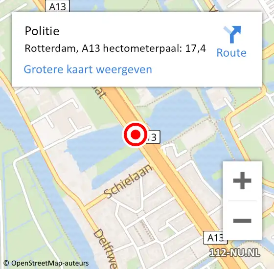 Locatie op kaart van de 112 melding: Politie Rotterdam, A13 hectometerpaal: 17,4 op 25 juli 2022 15:46