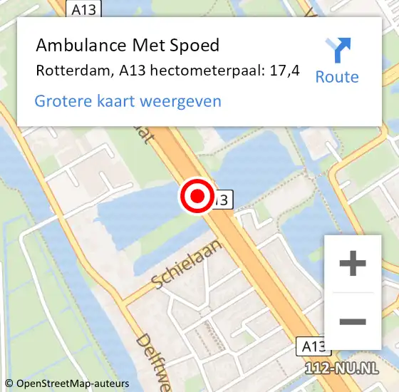 Locatie op kaart van de 112 melding: Ambulance Met Spoed Naar Rotterdam, A13 hectometerpaal: 17,4 op 25 juli 2022 15:52