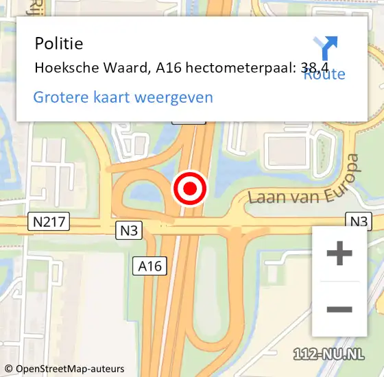 Locatie op kaart van de 112 melding: Politie Dordrecht, A16 hectometerpaal: 38,4 op 25 juli 2022 15:52