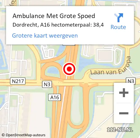 Locatie op kaart van de 112 melding: Ambulance Met Grote Spoed Naar Dordrecht, A16 hectometerpaal: 38,4 op 25 juli 2022 15:53
