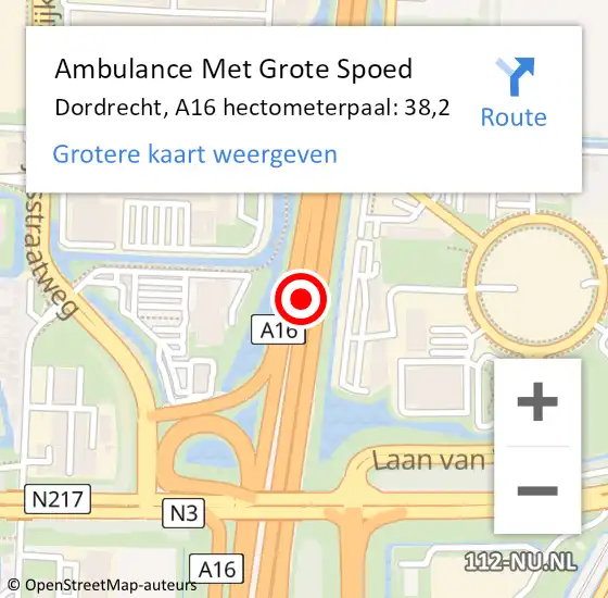 Locatie op kaart van de 112 melding: Ambulance Met Grote Spoed Naar Dordrecht, A16 hectometerpaal: 38,2 op 25 juli 2022 16:05