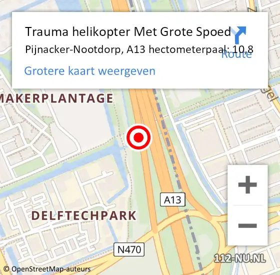 Locatie op kaart van de 112 melding: Trauma helikopter Met Grote Spoed Naar Pijnacker-Nootdorp, A13 hectometerpaal: 10,8 op 25 juli 2022 16:10