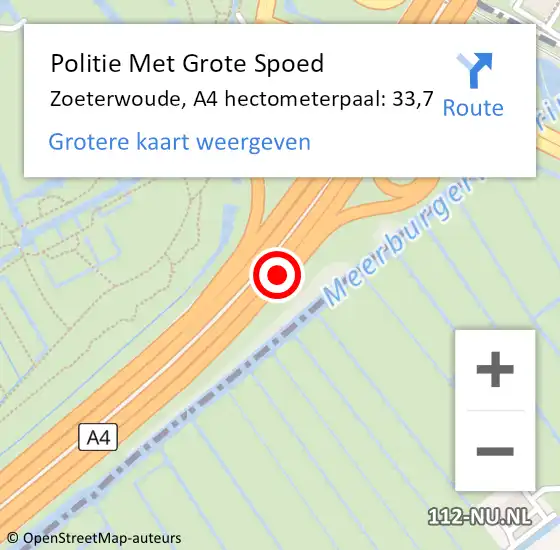 Locatie op kaart van de 112 melding: Politie Met Grote Spoed Naar Zoeterwoude, A4 hectometerpaal: 33,7 op 25 juli 2022 16:16