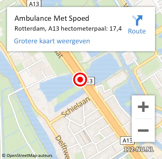 Locatie op kaart van de 112 melding: Ambulance Met Spoed Naar Rotterdam, A13 hectometerpaal: 17,4 op 25 juli 2022 16:32
