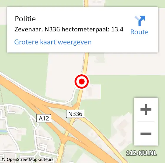 Locatie op kaart van de 112 melding: Politie Zevenaar, N336 hectometerpaal: 13,4 op 25 juli 2022 17:14
