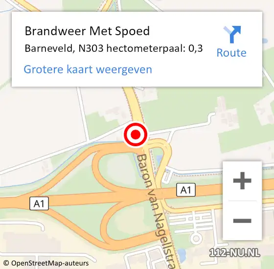 Locatie op kaart van de 112 melding: Brandweer Met Spoed Naar Barneveld, N303 hectometerpaal: 0,3 op 25 juli 2022 17:27