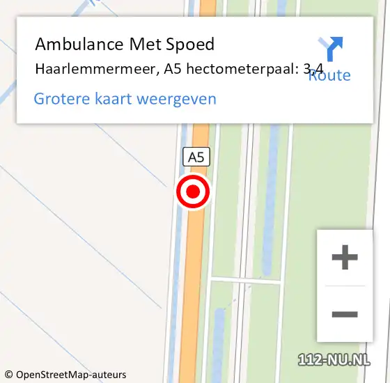 Locatie op kaart van de 112 melding: Ambulance Met Spoed Naar Haarlemmermeer, A5 hectometerpaal: 3,4 op 25 juli 2022 17:36